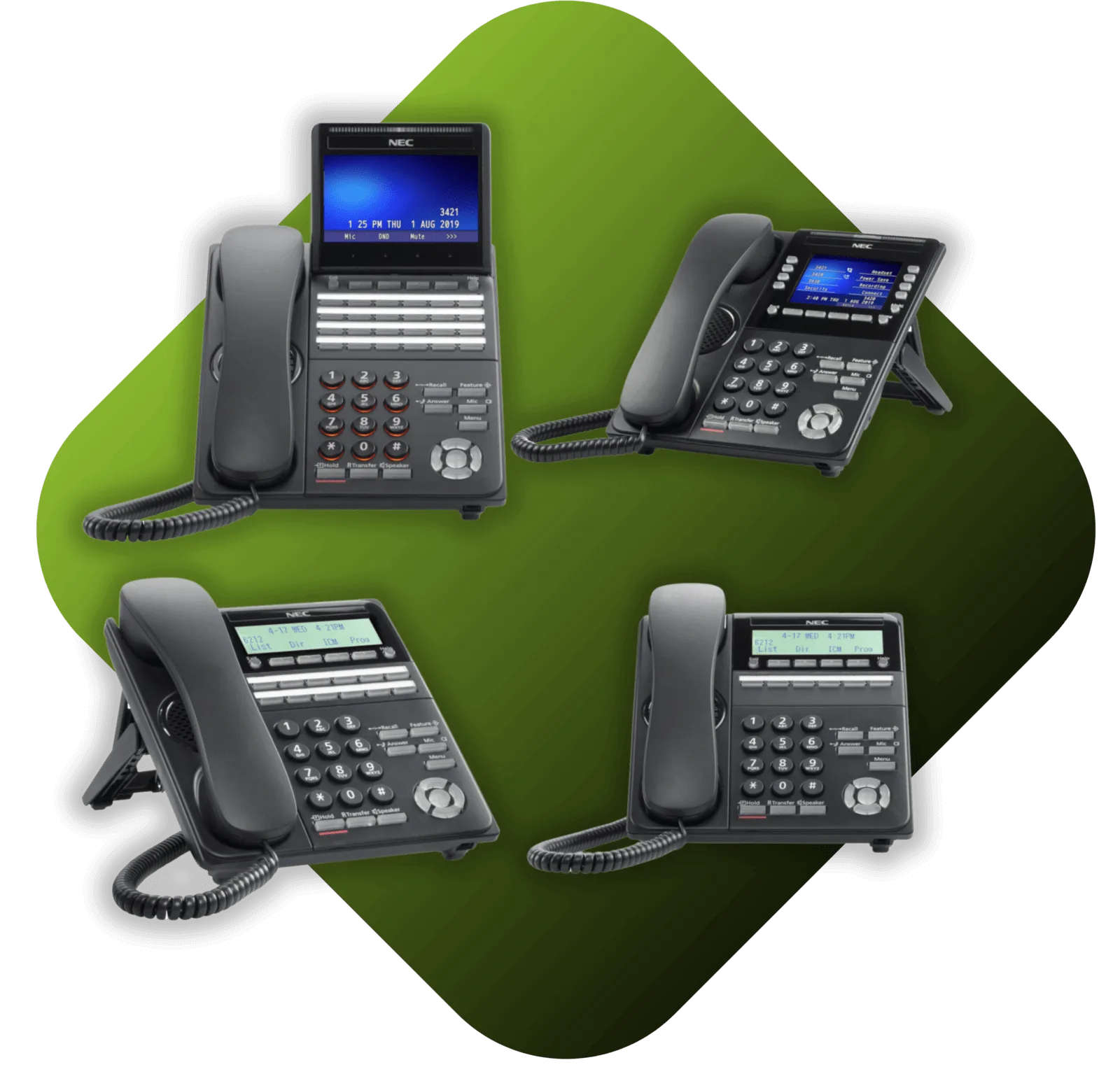 A picture of four different types of phones.